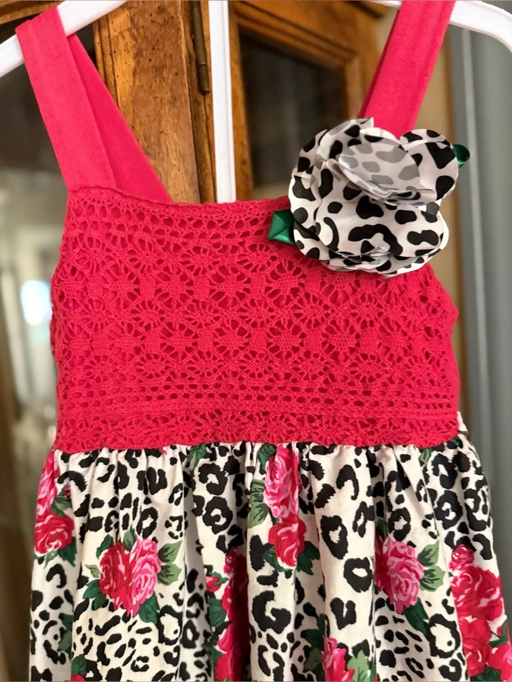 Red Pink Crochet-Top Floral Leopard Girls' Sun Dress